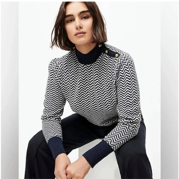 J.Crew Button-Detail Mockneck Sweater in Herringbone - Grey / White NWT - Picture 2 of 7